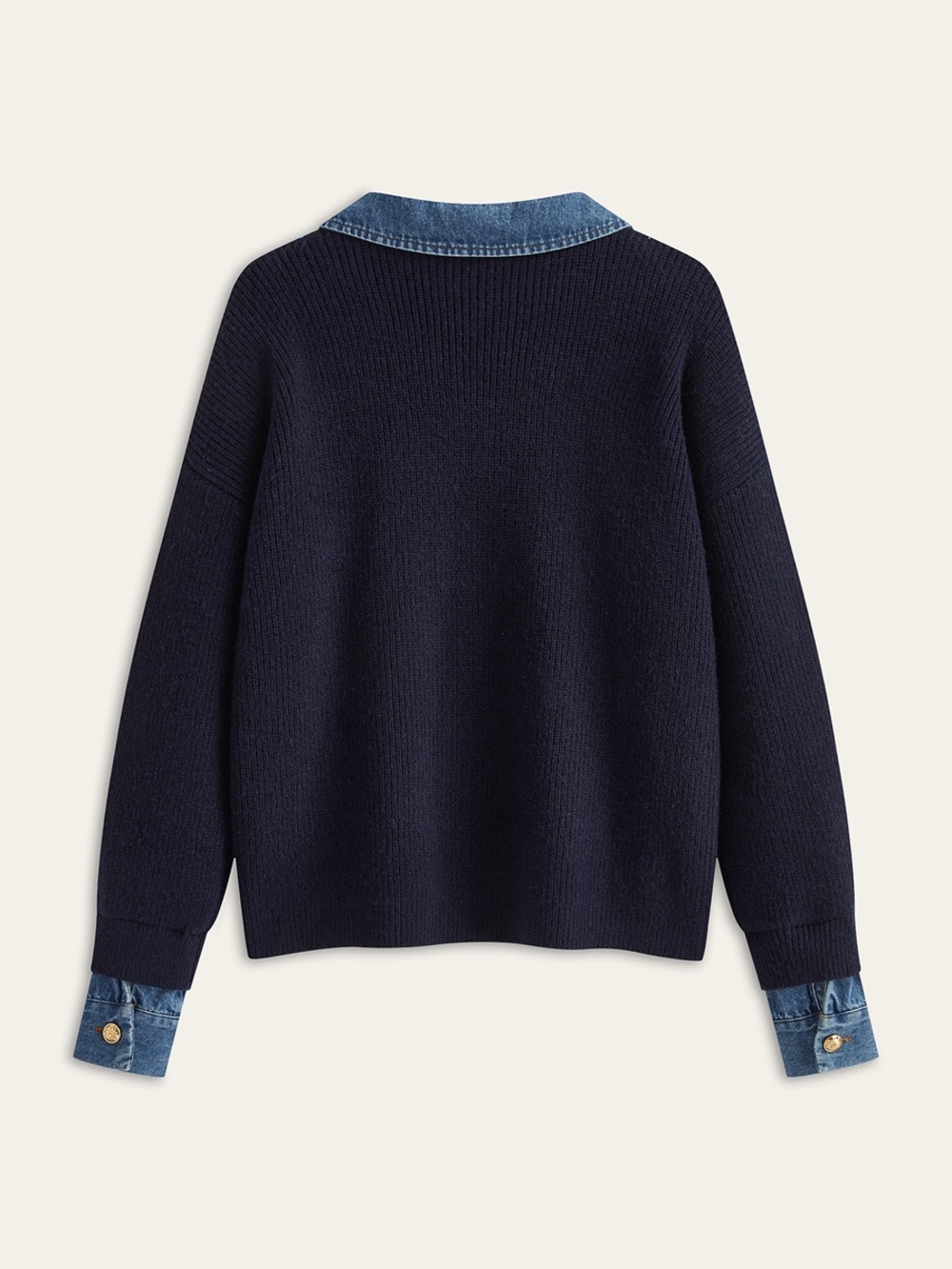 Commense Denim Panel Asymmetric V-Neck Knit Top - Picture 2 of 5